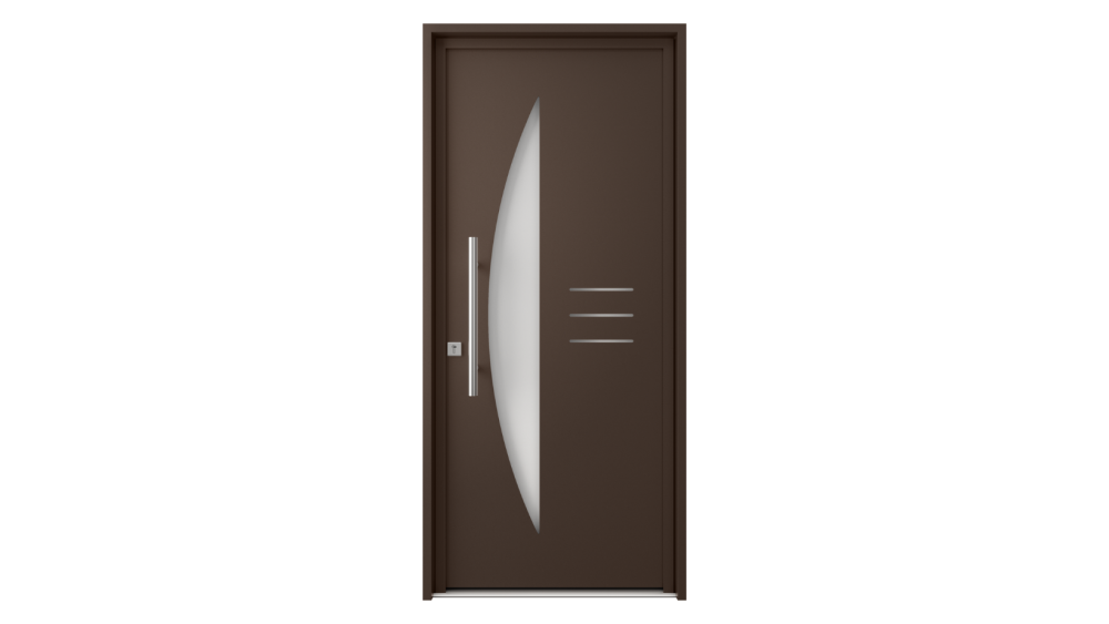 Porte d'entrée aluminium NAXOS Porte d'entrée marron avec demi-lune vitrée ainsi que décors vitrés parsemés